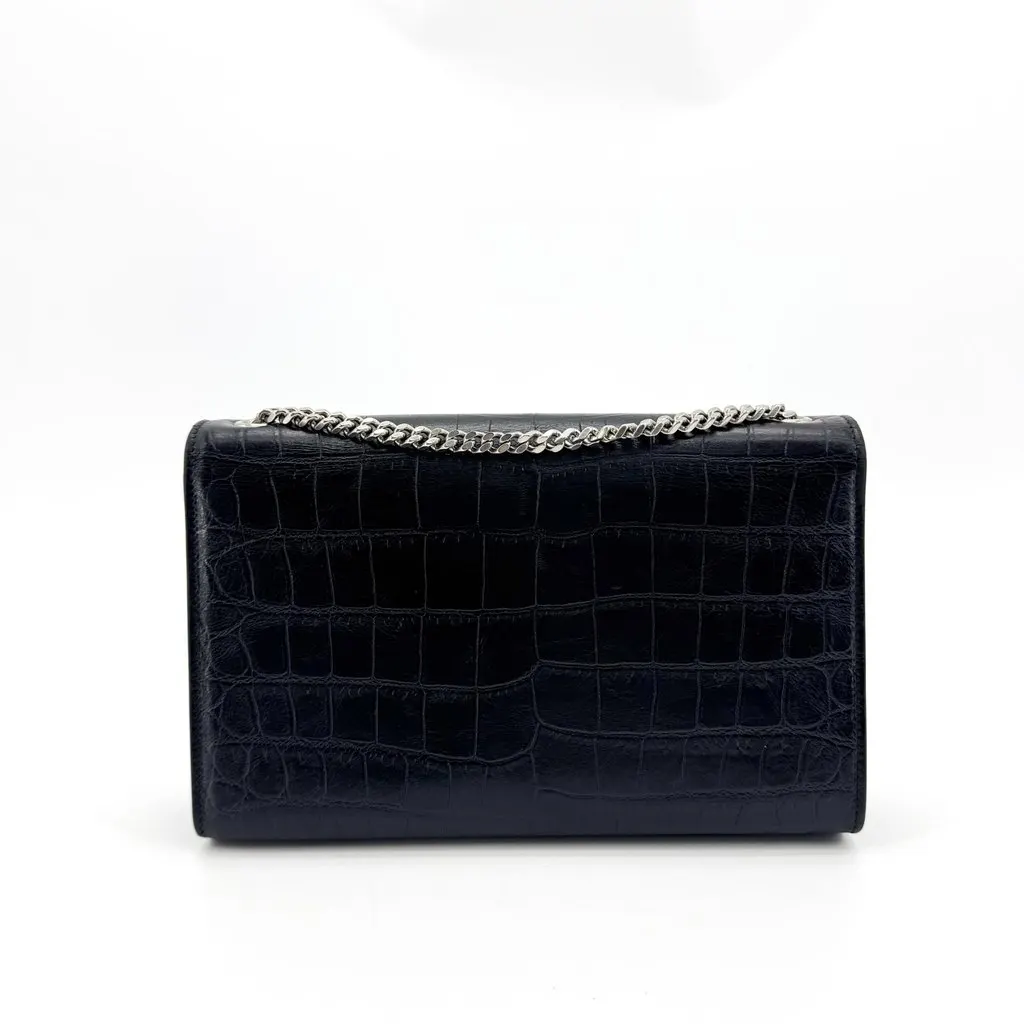 Saint Laurent Kate Medium Monogram Tassel Chain Shoulder Bag Crocodile Embossed Black Silver Hardware Black Leather Very good - Back View