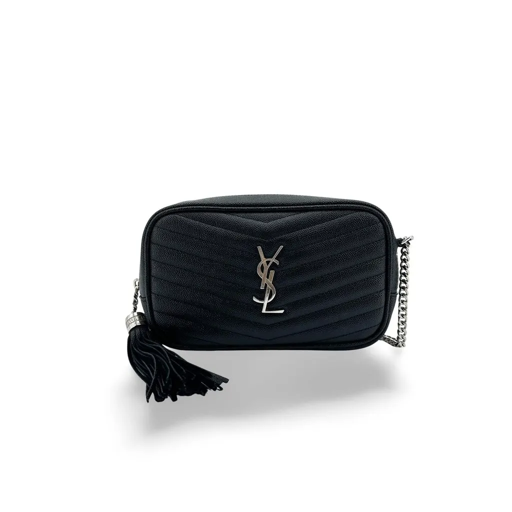 Saint Laurent Lou Mini Camera Bag in Quilted Leather Black Silver Black Leather Good - Front View