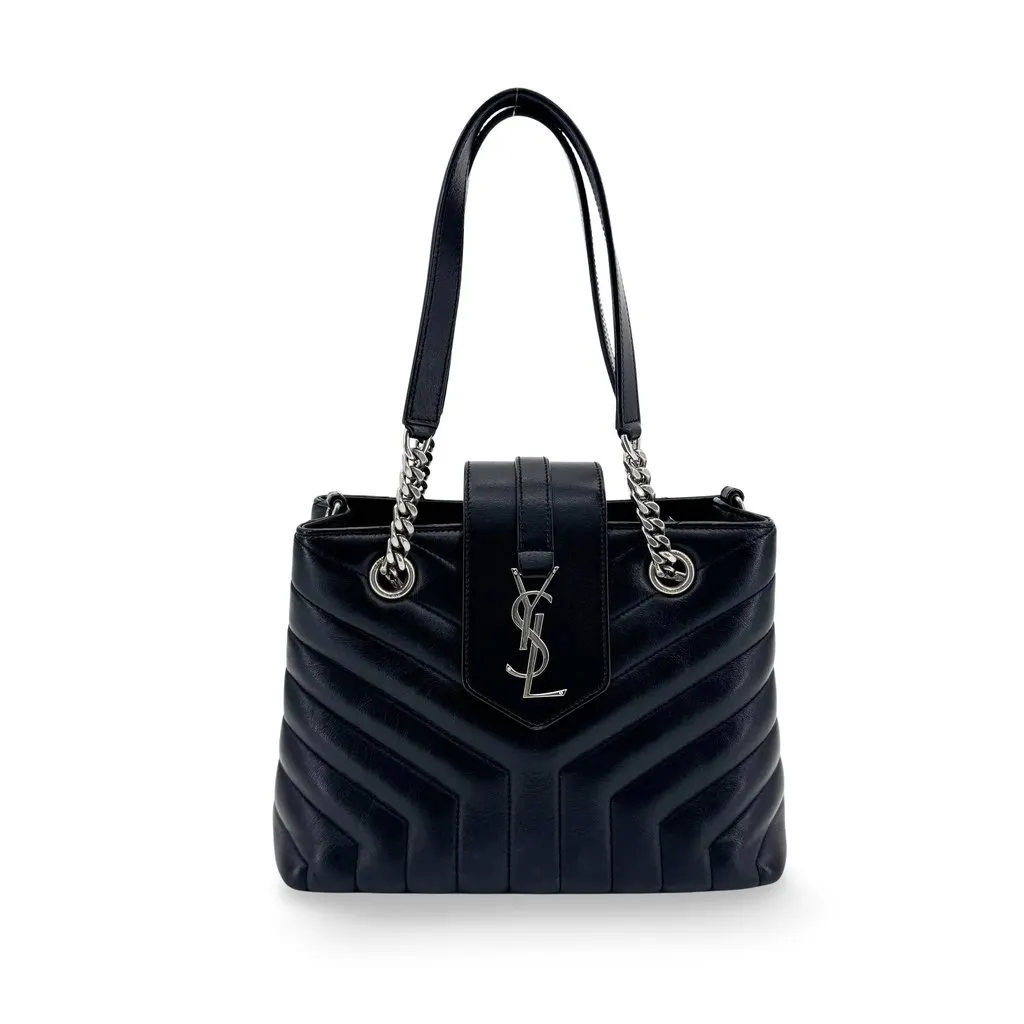 Saint Laurent LouLou Small Chain Shoulder Bag Black Silver Hardware Black Leather Good - Front View