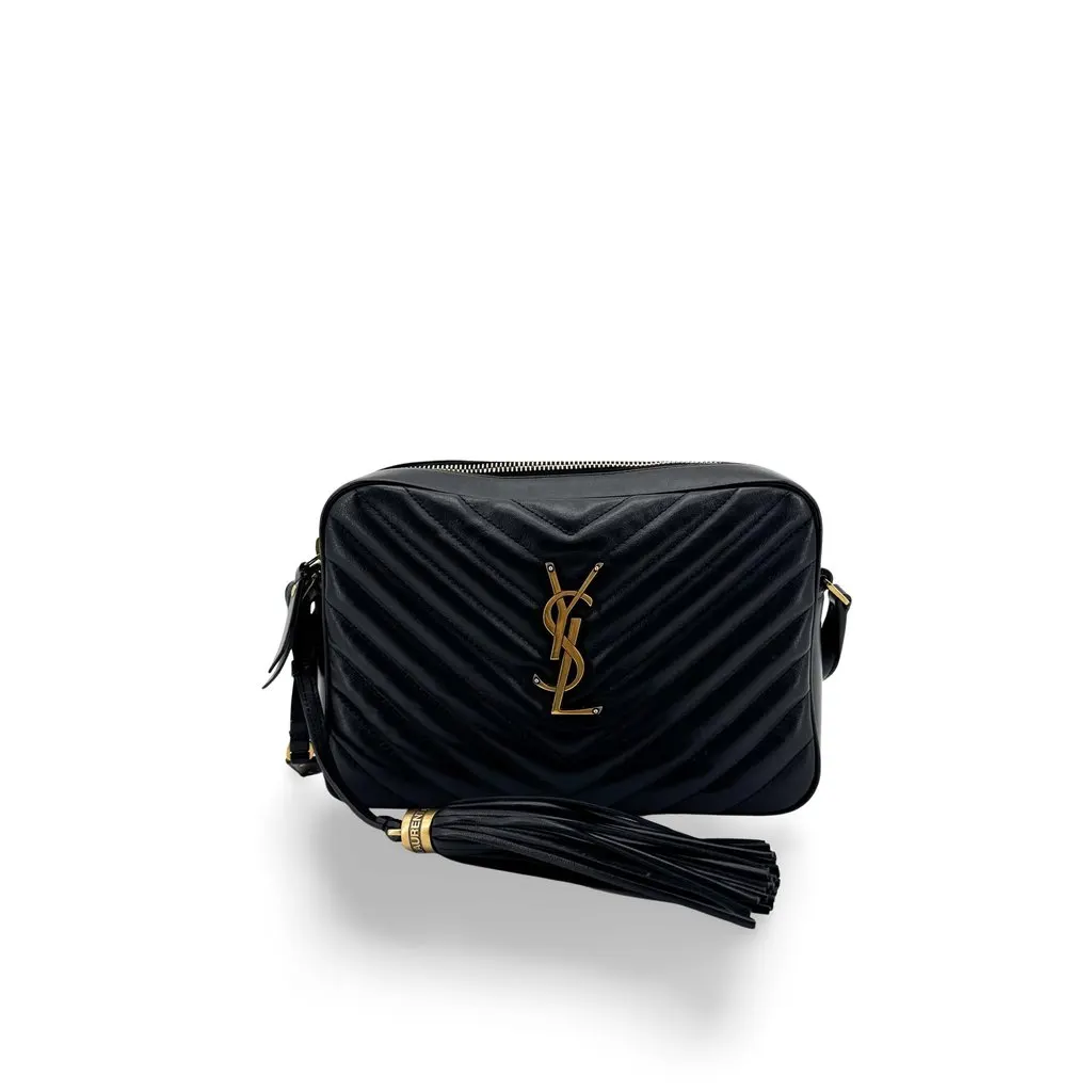 Saint Laurent Lou Camera Bag in Quilted Leather Black Gold Black Leather Good - Front View