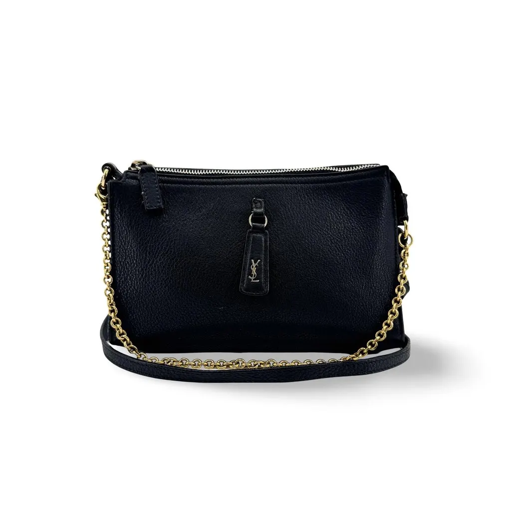 Saint Laurent YSL Charm Grained Leather Chain Shoulder Bag Black Gold Black Leather Good - Front View