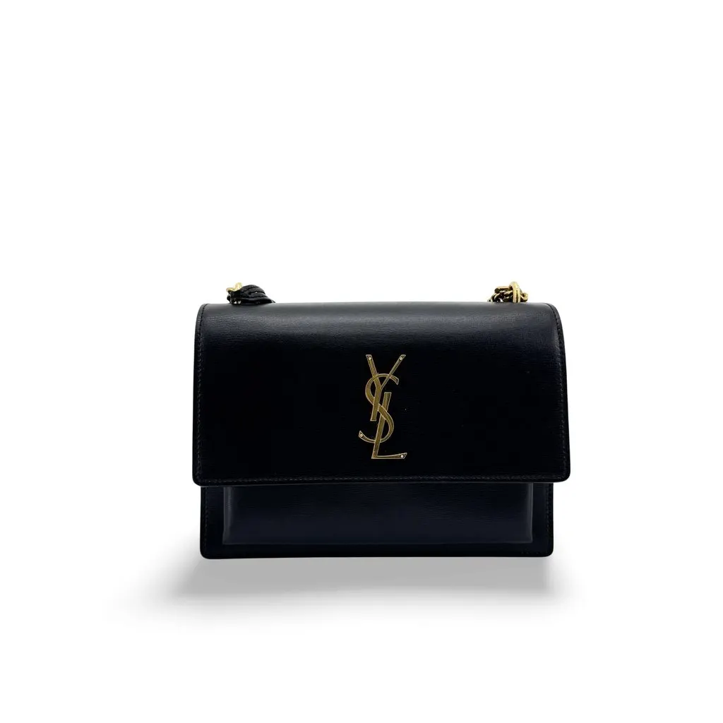 Saint Laurent Small Sunset Chain Shoulder Bag Black Gold Black Leather Very good - Front View