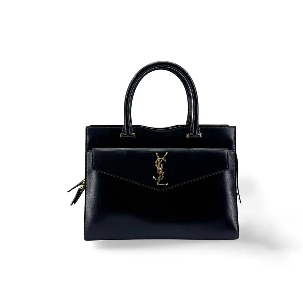 Saint Laurent Medium Uptown Tote Bag Black Black Leather Good - Front View