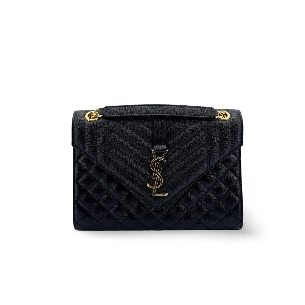 Saint Laurent Envelope Medium Shoulder Bag Black Gold Hardware Black Leather Very good - Front View