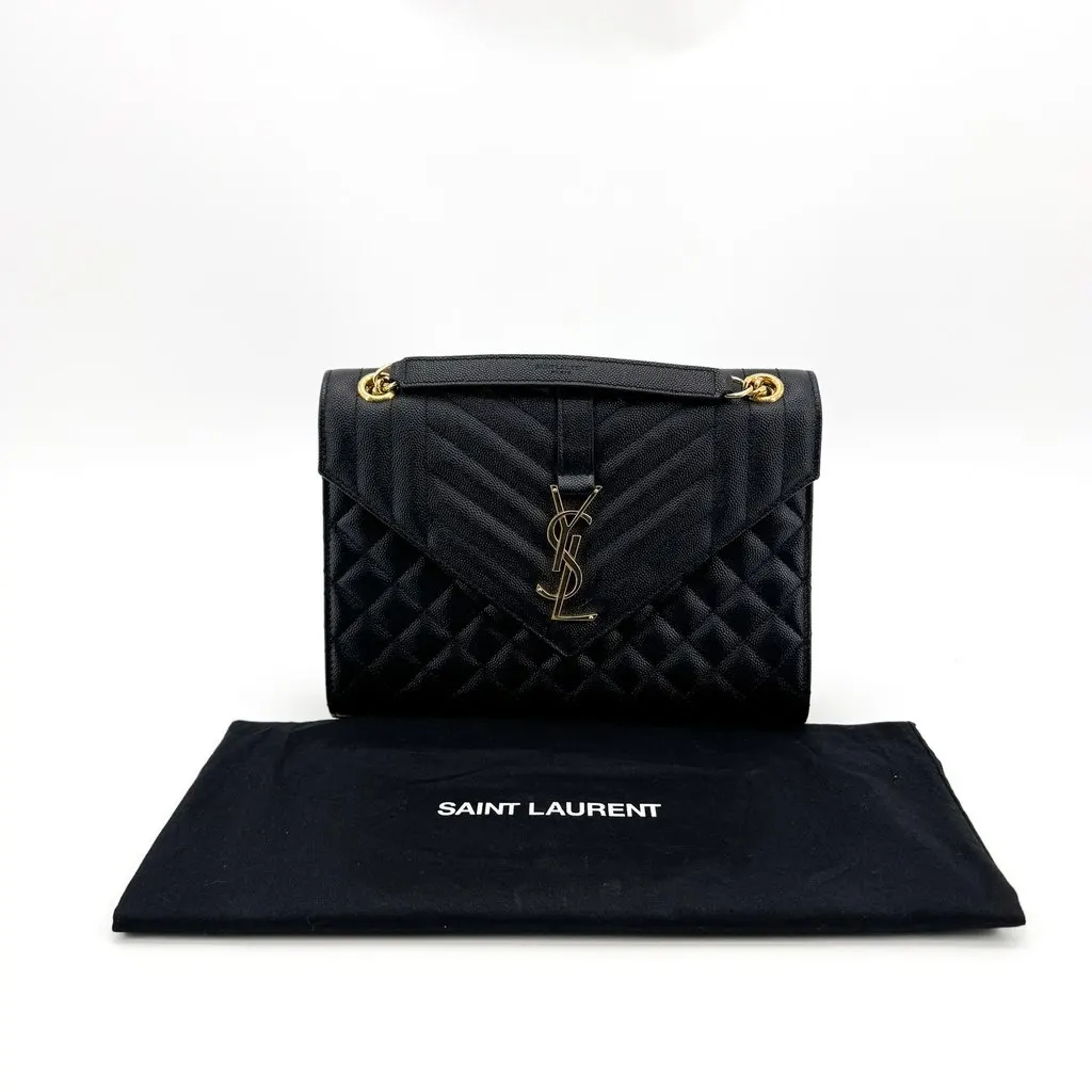 Saint Laurent Envelope Medium Shoulder Bag Black Gold Hardware Black Leather Very good - Back View