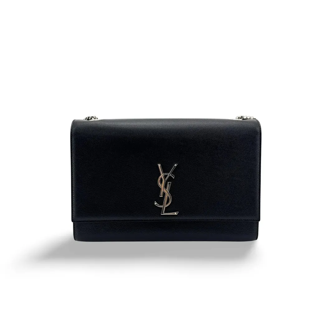 Saint Laurent Medium Sunset Shoulder Bag Black Silver Hardware Black Leather Good - Front View