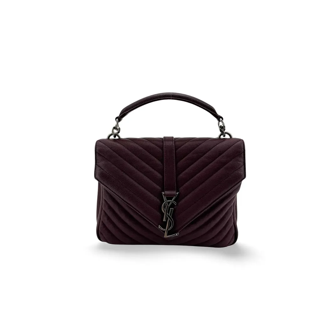 Saint Laurent College Small Top Handle Shoulder Bag Burgundy Burgundy Leather Good - Front View