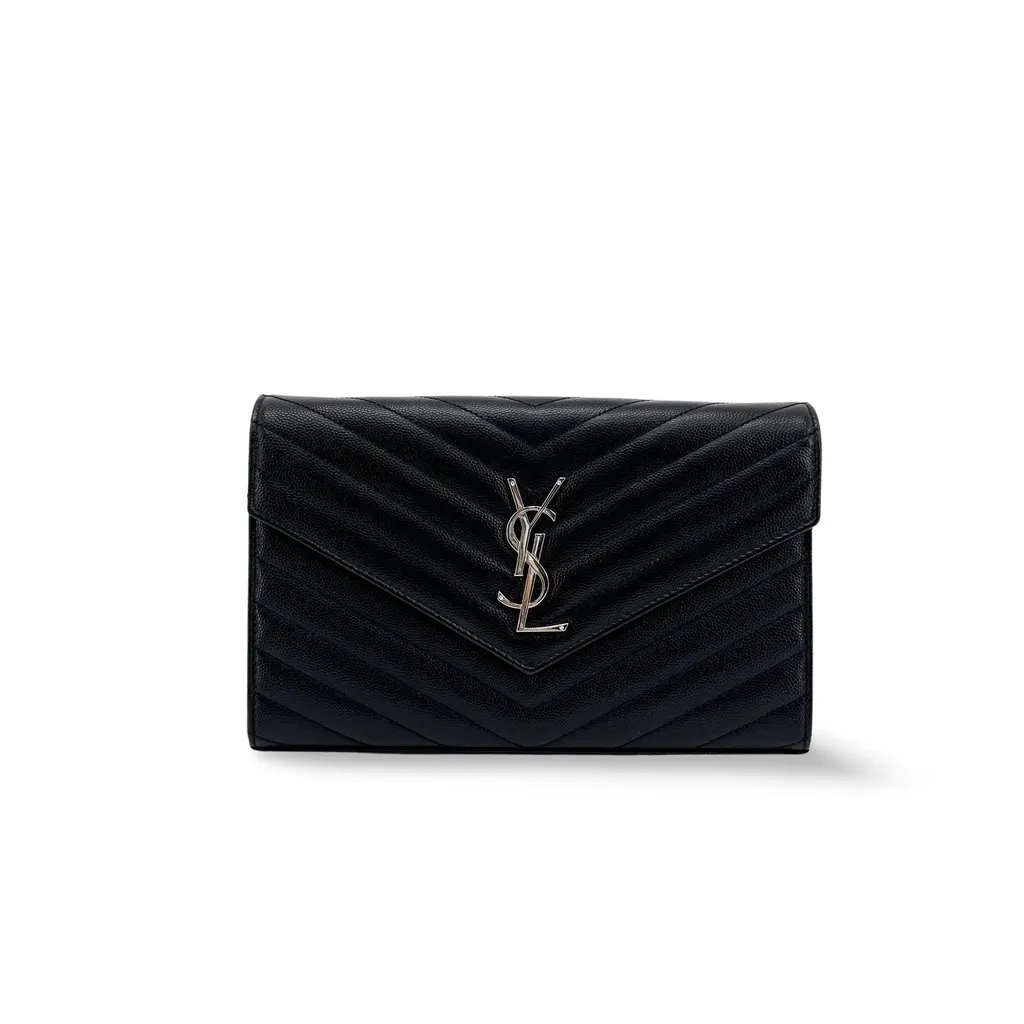 Saint Laurent Cassandre Envelope Chain Wallet Black Silver Hardware Black Leather Very good - Front View
