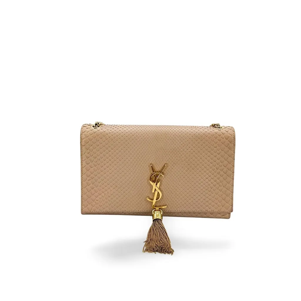 Saint Laurent Medium Kate Python Tassel Chain Shoulder Bag Beige Gold Hardware Beige Leather Good - Front View