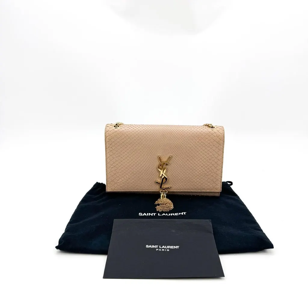 Saint Laurent Medium Kate Python Tassel Chain Shoulder Bag Beige Gold Hardware Beige Leather Good - Back View