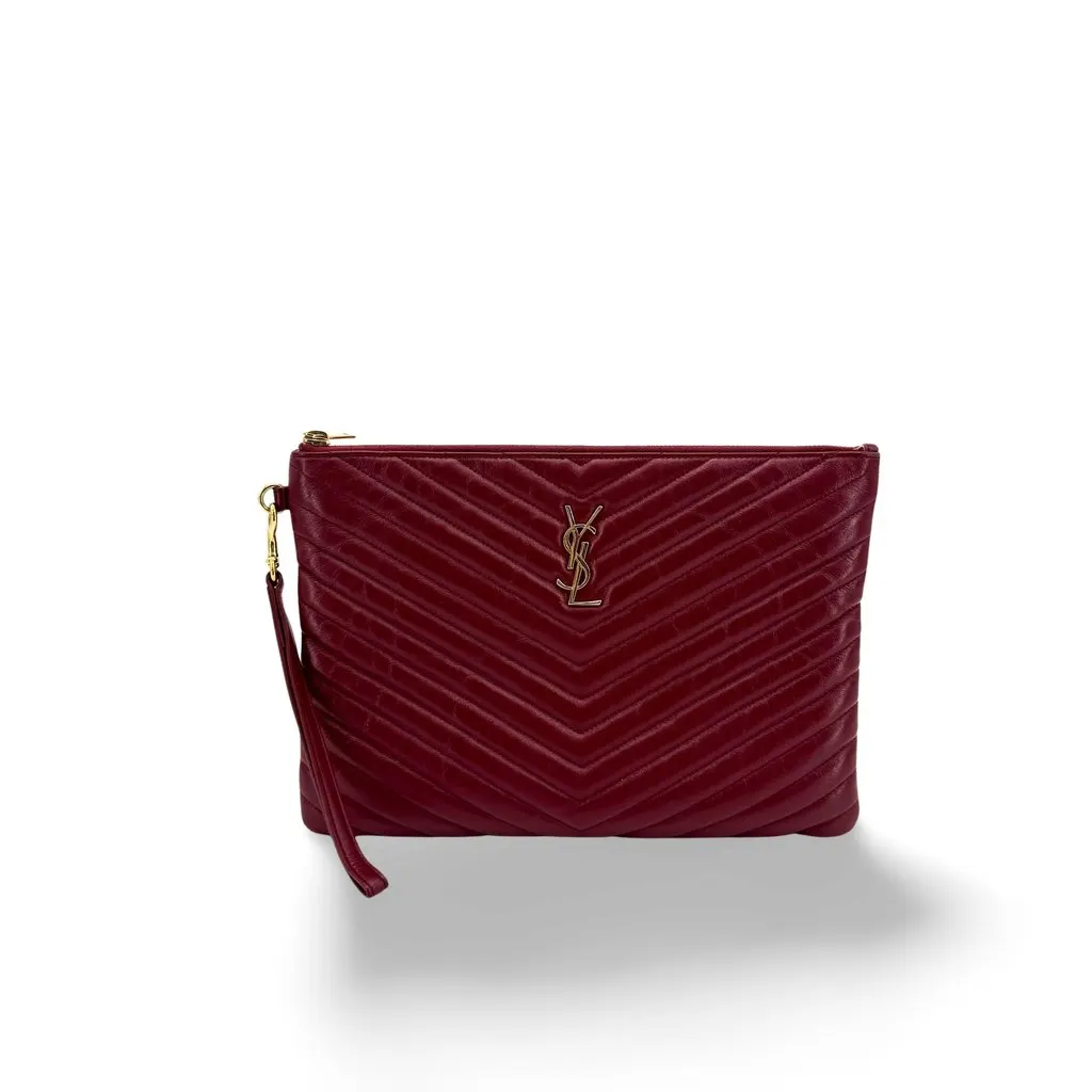 Saint Laurent Cassandre Monogram Quilted Clutch Bag Burgundy Gold Burgundy Leather Good - Front View