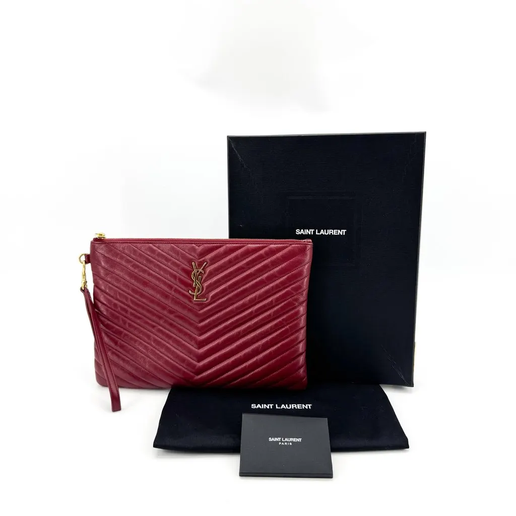 Saint Laurent Cassandre Monogram Quilted Clutch Bag Burgundy Gold Burgundy Leather Good - Back View