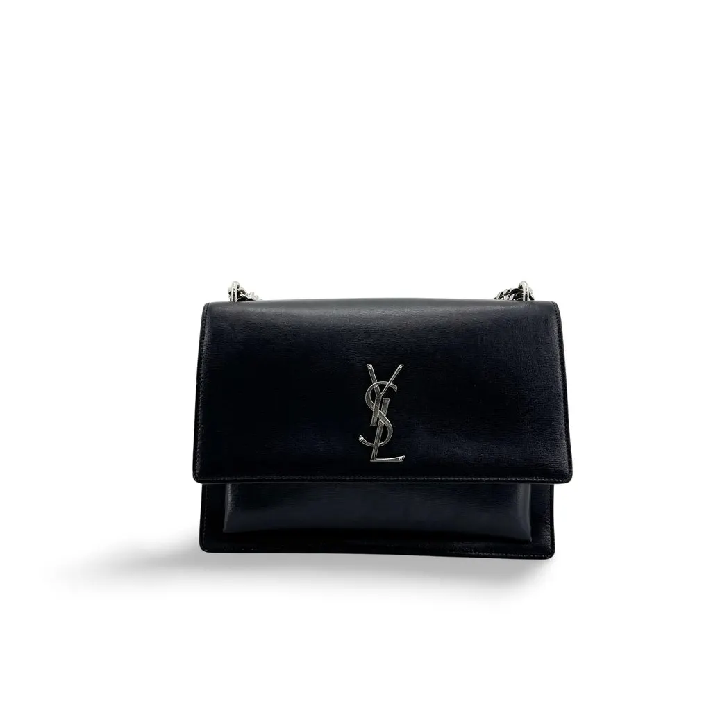 Saint Laurent Medium Sunset Shoulder Bag Black Silver Black Leather Good - Front View