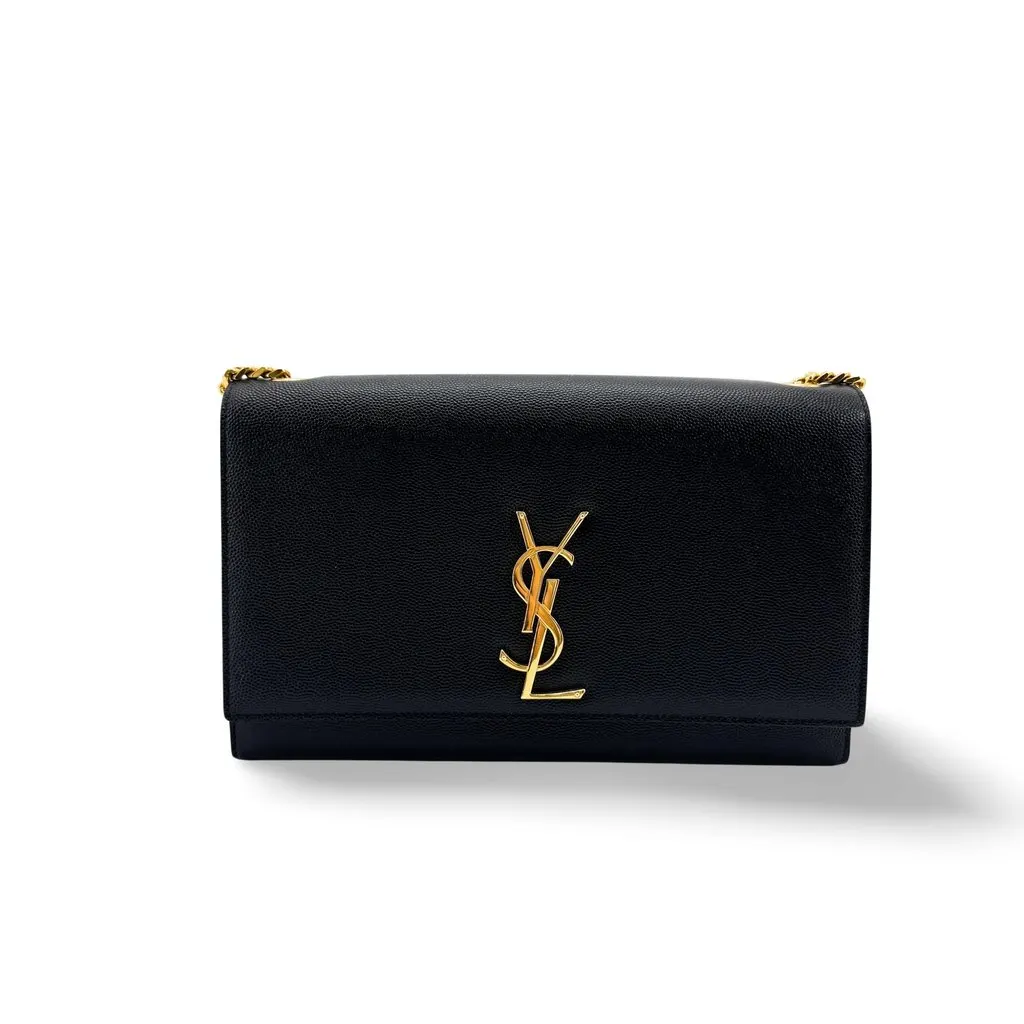 Saint Laurent Cassandre Chain Wallet in Grain de Poudre Embossed Leather Black Gold Black Leather Very good - Front View