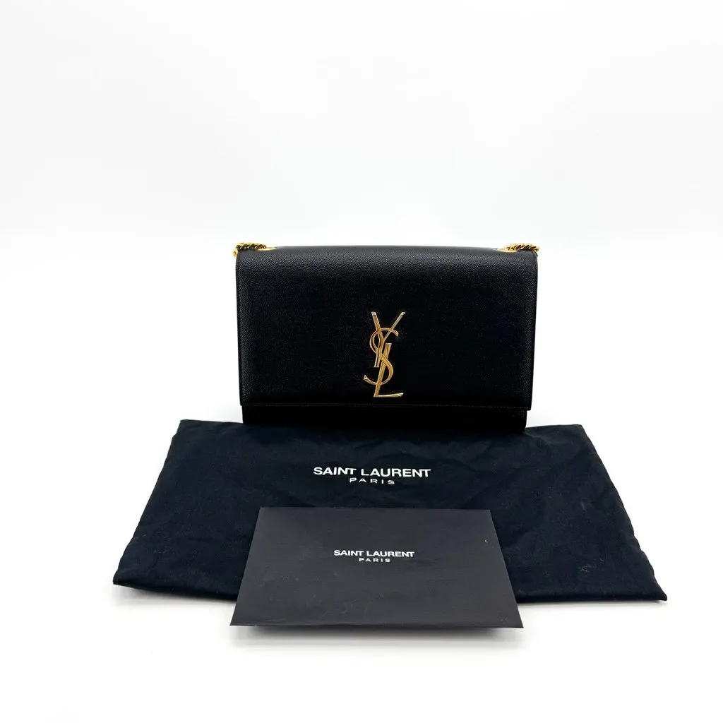 Saint Laurent Cassandre Chain Wallet in Grain de Poudre Embossed Leather Black Gold Black Leather Very good - Back View