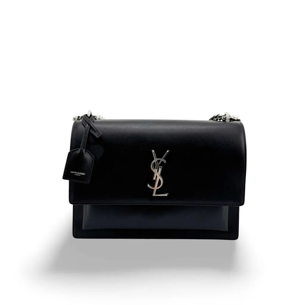 Saint Laurent Medium Sunset Shoulder Bag Black Silver Hardware Black Leather Good - Front View