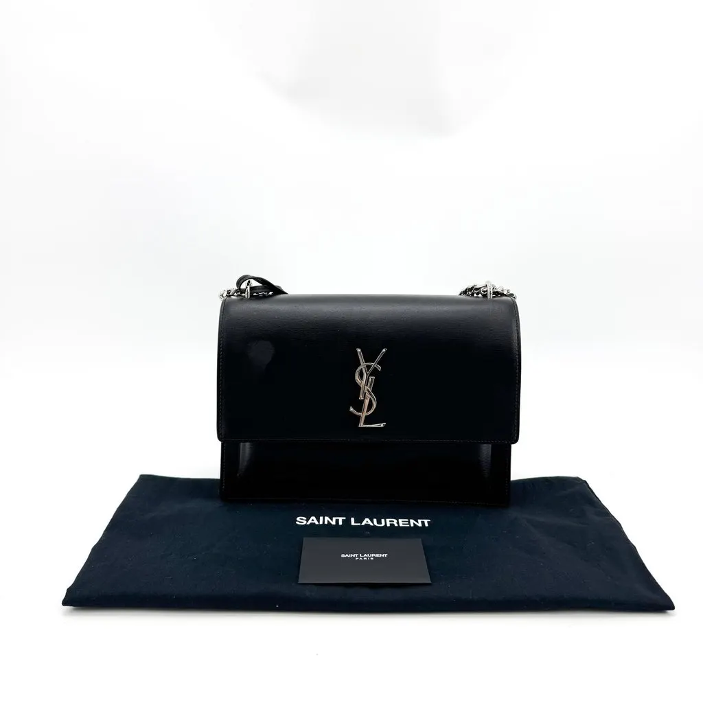 Saint Laurent Medium Sunset Shoulder Bag Black Silver Hardware Black Leather Good - Back View