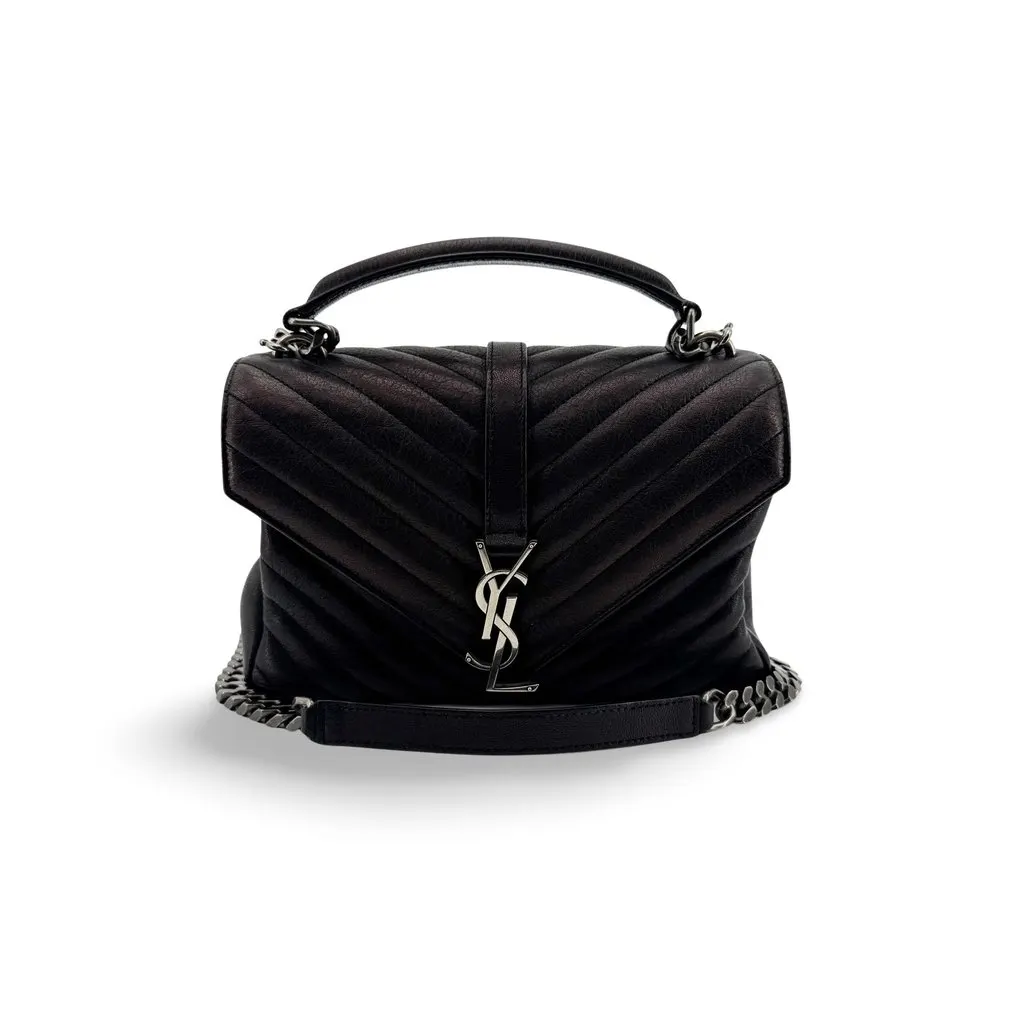 Saint Laurent Medium College Top Handle Bag Black Black Leather Good - Front View