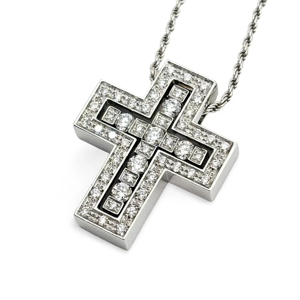 Damiani Belle Epoque Diamond Cross Necklace Medium White Gold Silver Very good - Front View
