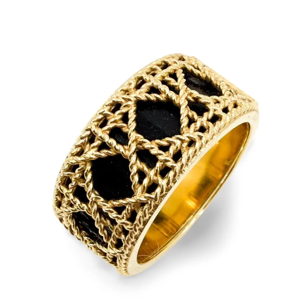 Dior Christian Dior 18K Yellow Gold Black Enamel Braided Ring Size 12 Black Gold Very good - Front View