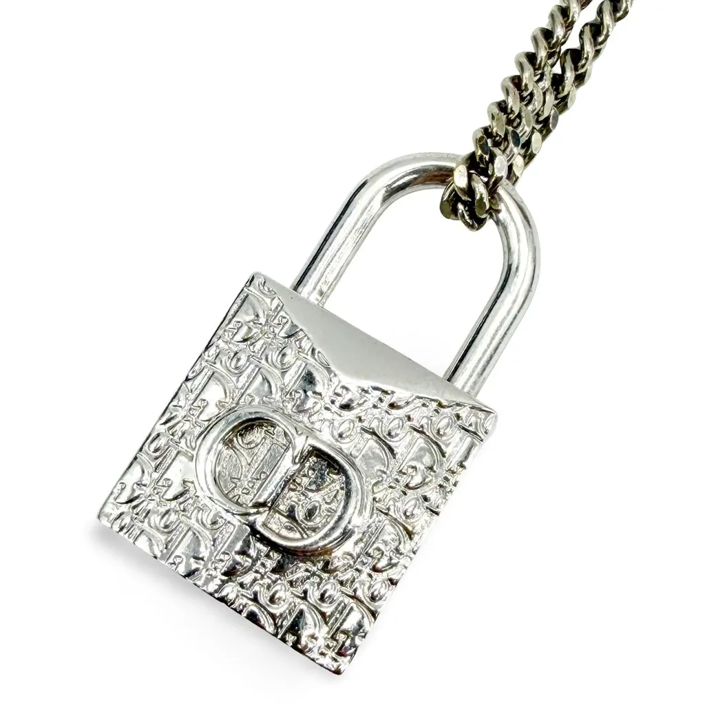 Dior Oblique Padlock Pendant Necklace Silver Silver Very good - Front View
