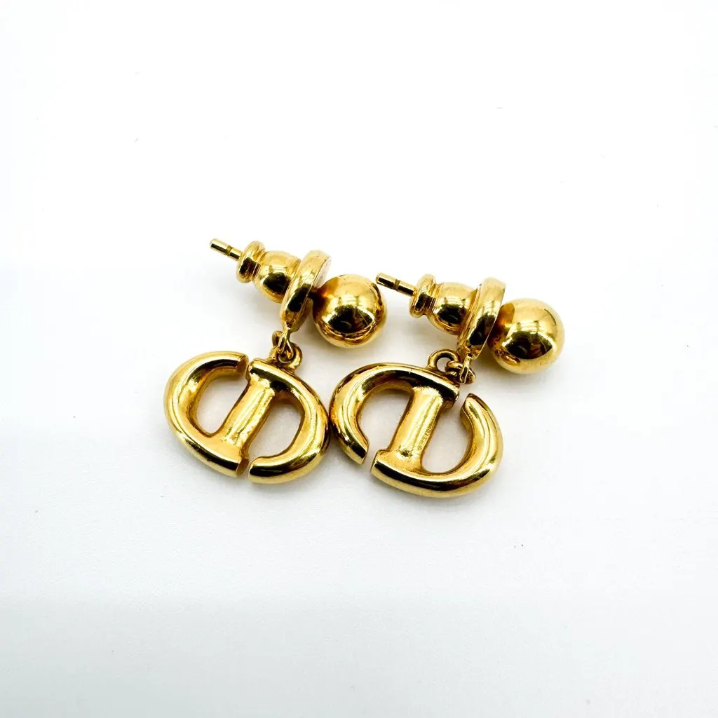 Dior Christian Dior Vintage CD Logo Drop Earrings Gold Gold Very good - Model View