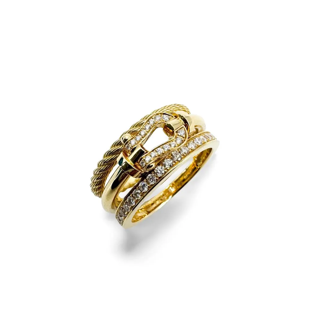Fred Force 10 3-Row Ring Yellow Gold Diamond Gold Good - Front View