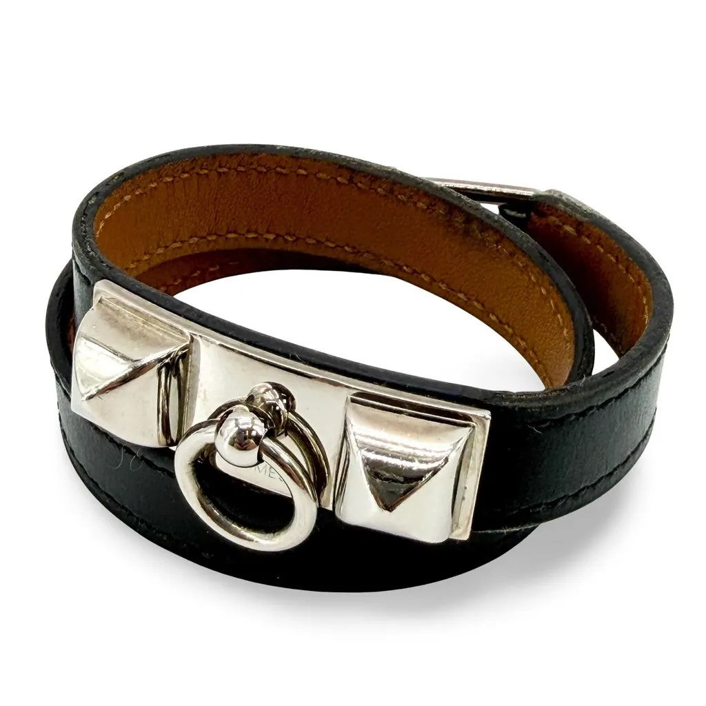 Hermès Collier de Chien Double Tour Leather Bracelet Black Silver Black Leather Good - Front View