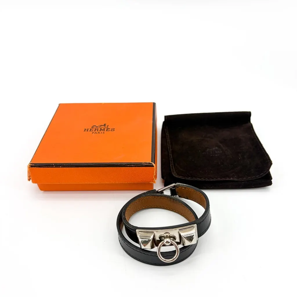 Hermès Collier de Chien Double Tour Leather Bracelet Black Silver Black Leather Good - Back View