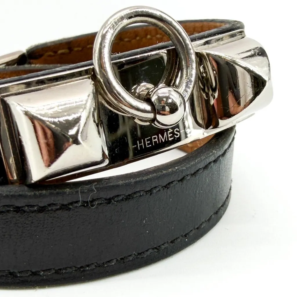 Hermès Collier de Chien Double Tour Leather Bracelet Black Silver Black Leather Good - Inside View