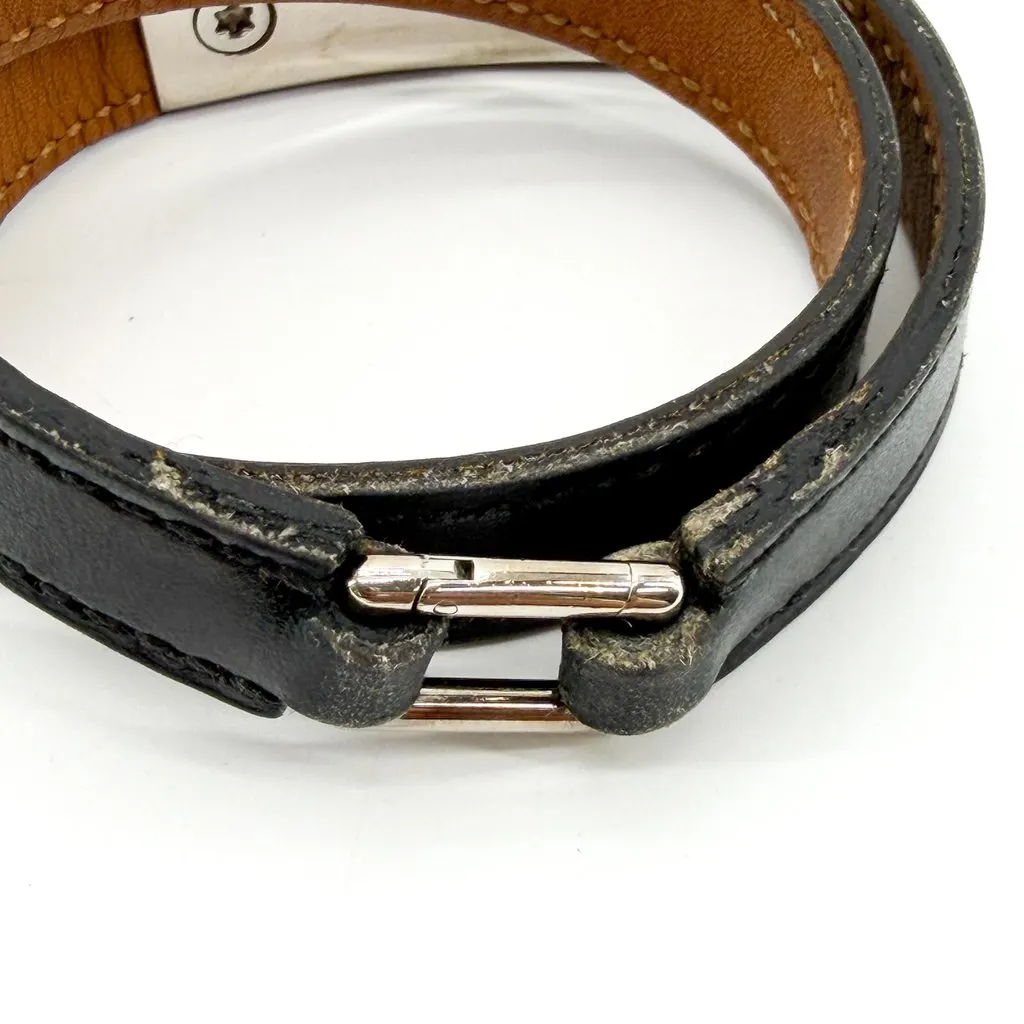 Hermès Collier de Chien Double Tour Leather Bracelet Black Silver Black Leather Good - Model View