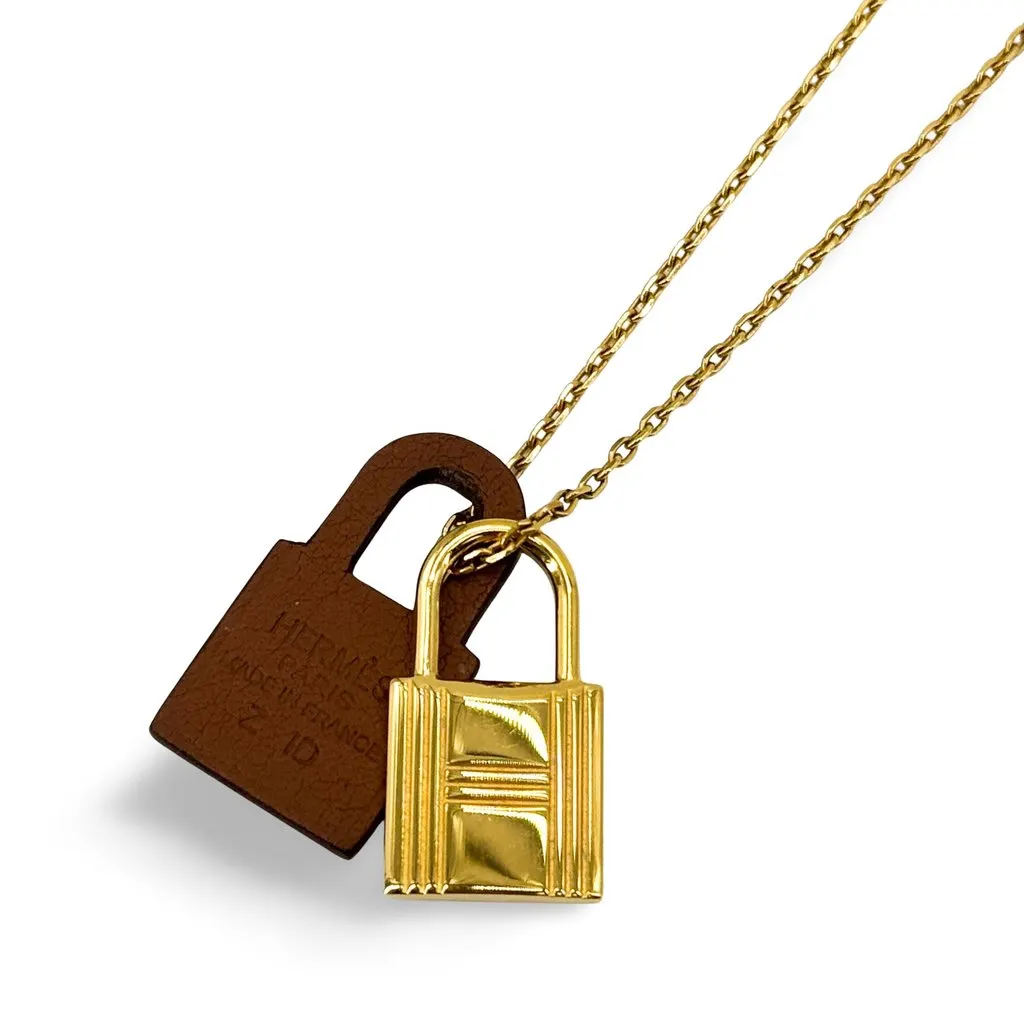 Hermès O'Kelly Pendant Necklace Gold Leather GHW Brown Good - Front View