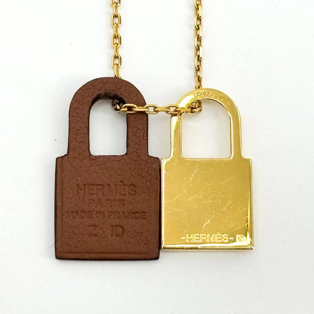 Hermès O'Kelly Pendant Necklace Gold Leather GHW Brown Good - Inside View
