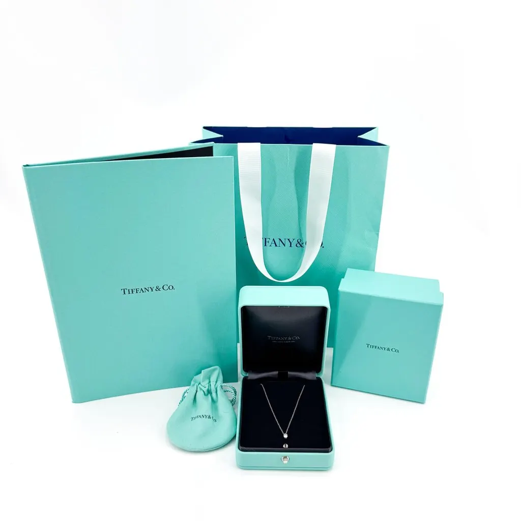 Tiffany & Co . Platinum Solitaire Diamond Pendant Necklace Silver Very good - Back View