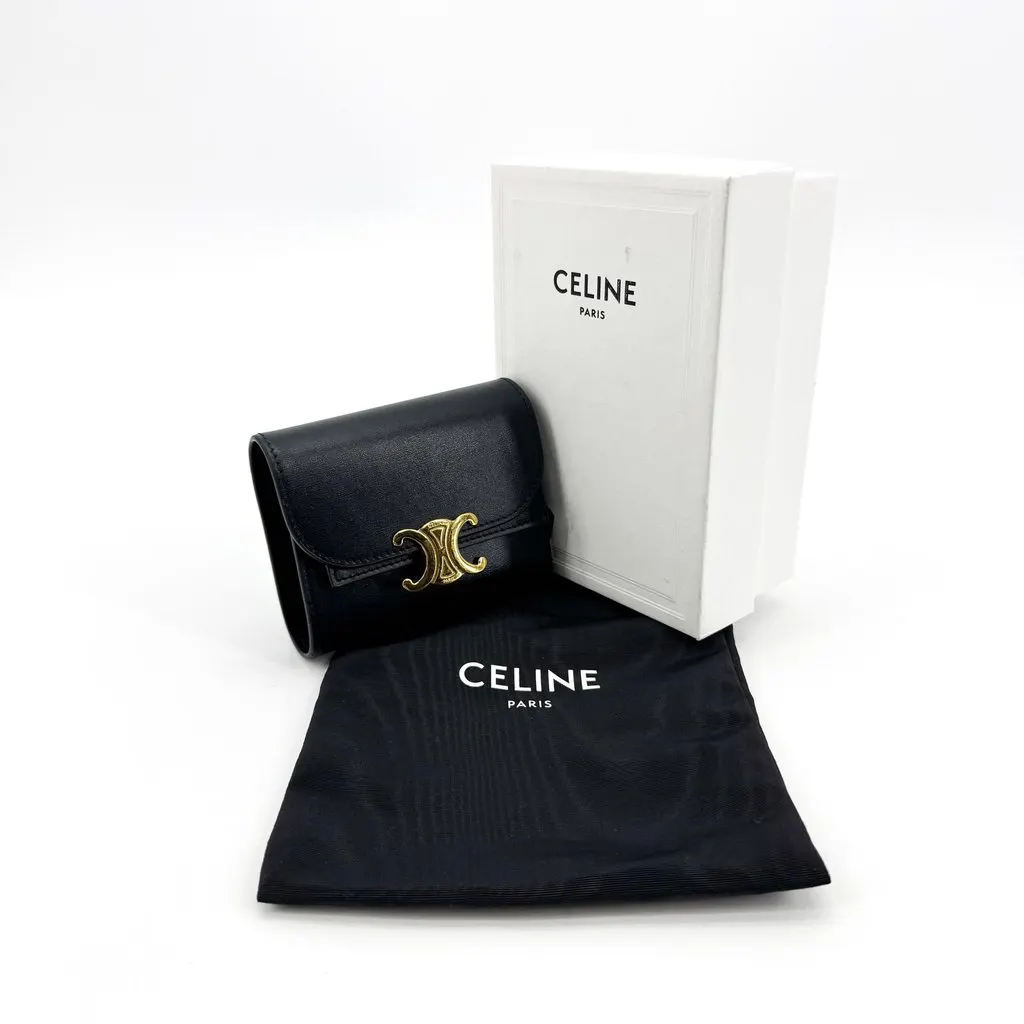 Celine Small Wallet Triomphe in Shiny Calfskin Black Black Leather Good - Back View