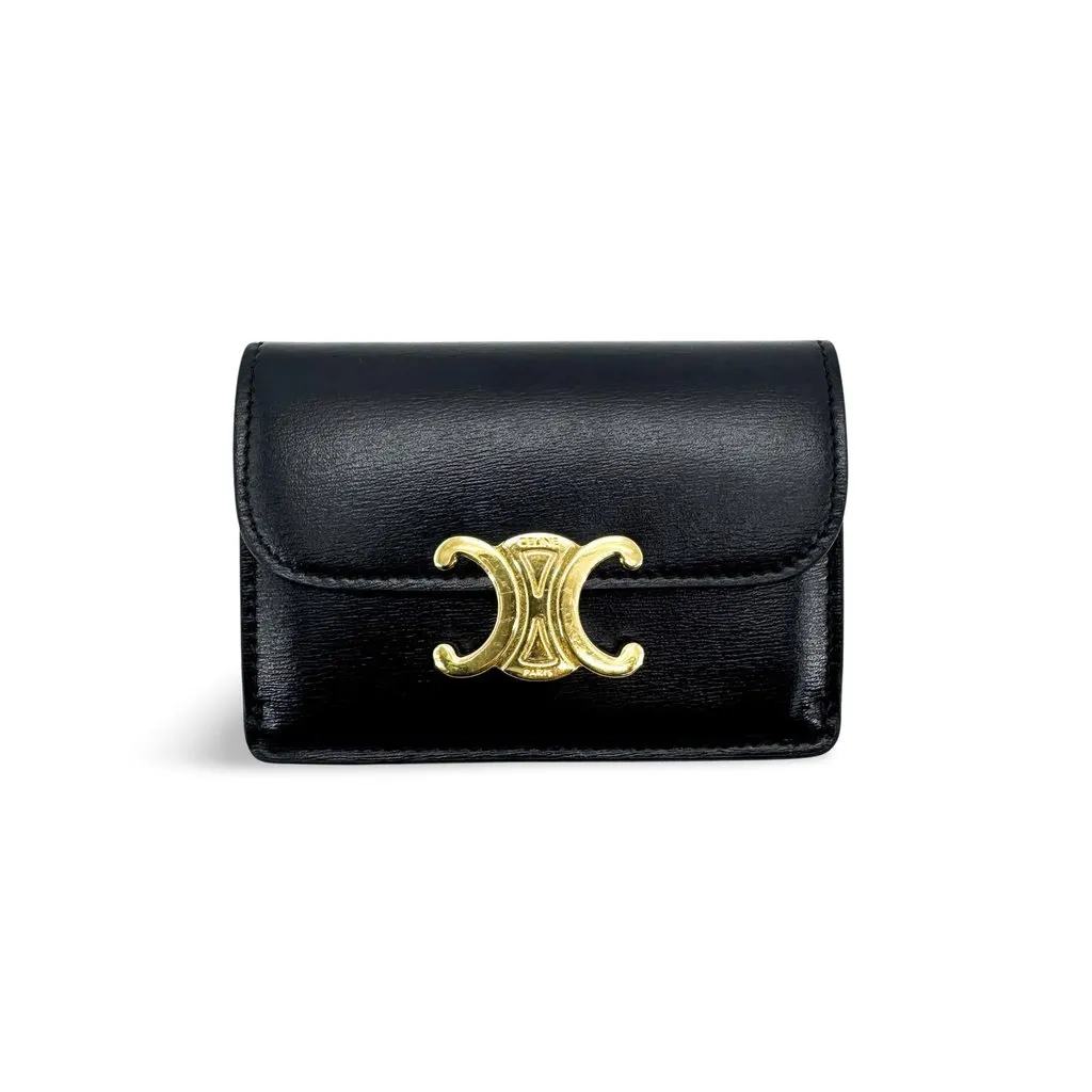Celine Small Triomphe Wallet in Shiny Calfskin Black Gold Black Leather Very good - Front View