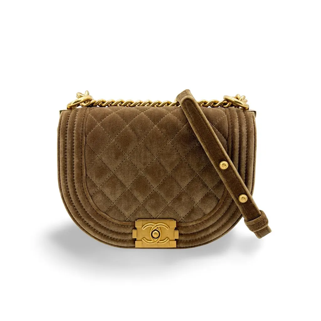 Chanel Boy Messenger Bag Velvet Brown Gold Hardware Brown Velvet Good - Front View