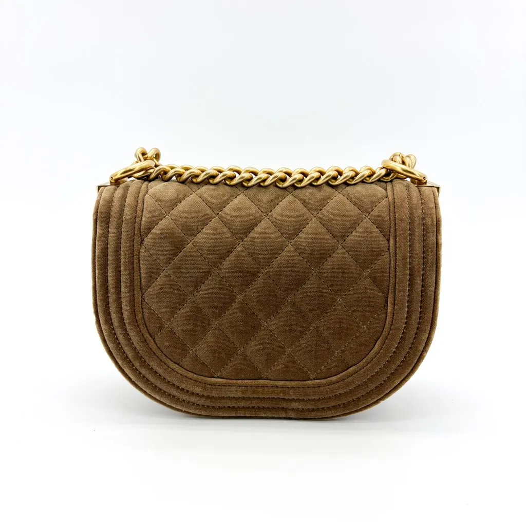 Chanel Boy Messenger Bag Velvet Brown Gold Hardware Brown Velvet Good - Back View