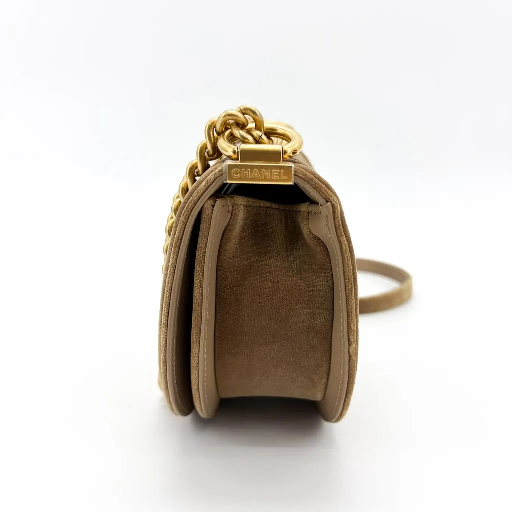 Chanel Boy Messenger Bag Velvet Brown Gold Hardware Brown Velvet Good - Inside View