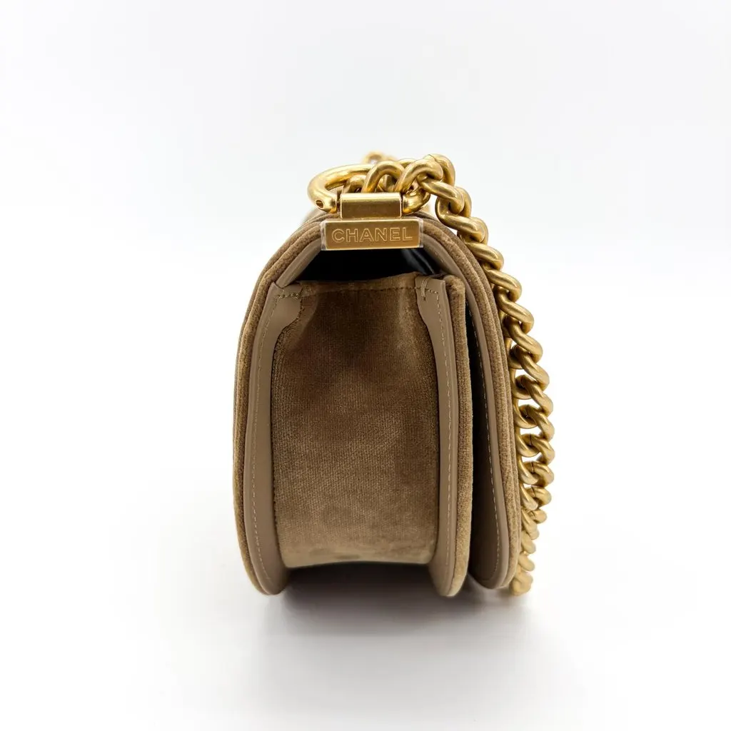 Chanel Boy Messenger Bag Velvet Brown Gold Hardware Brown Velvet Good - Model View