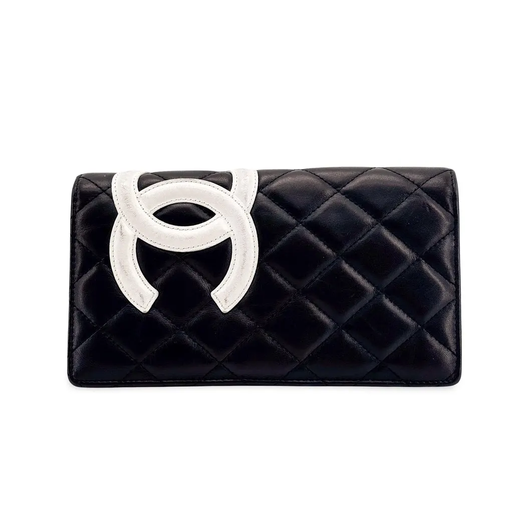 Chanel Cambon Line Flap Long Wallet Black White Black Leather Good - Front View