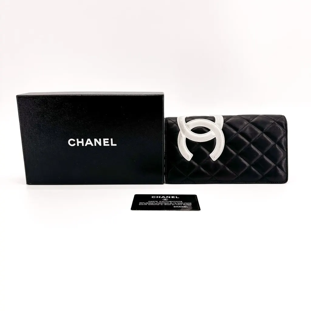 Chanel Cambon Line Flap Long Wallet Black White Black Leather Good - Back View