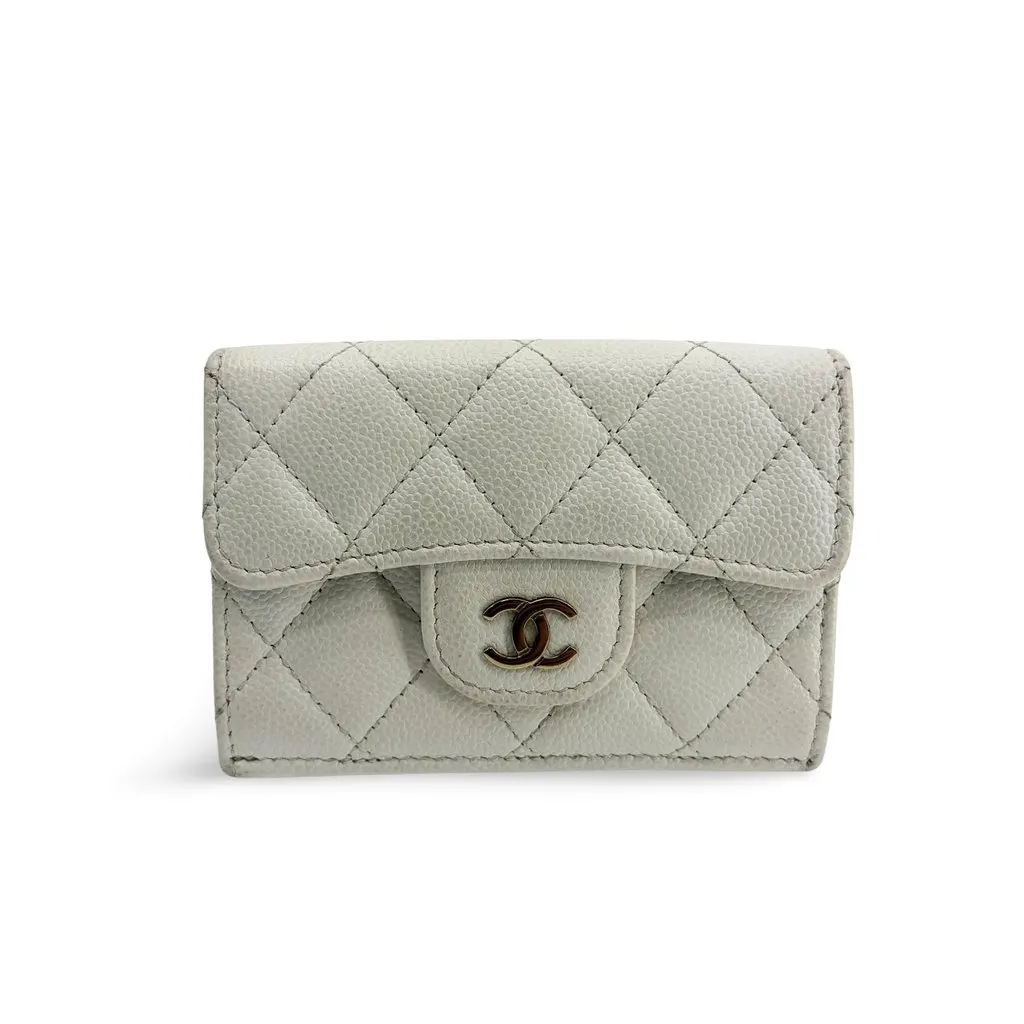 Chanel Classic Flap Card Holder Caviar Ivory Gold Hardware White Leather Good - Front View