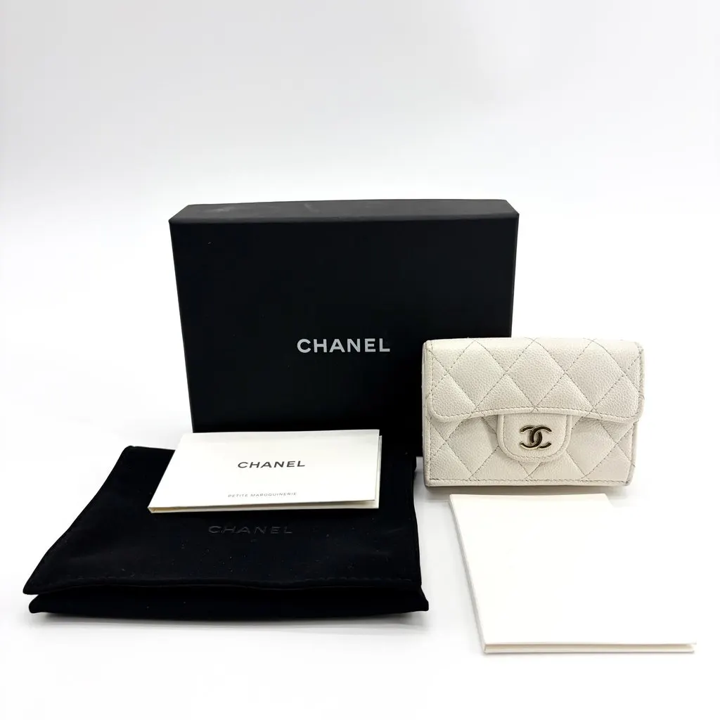 Chanel Classic Flap Card Holder Caviar Ivory Gold Hardware White Leather Good - Back View