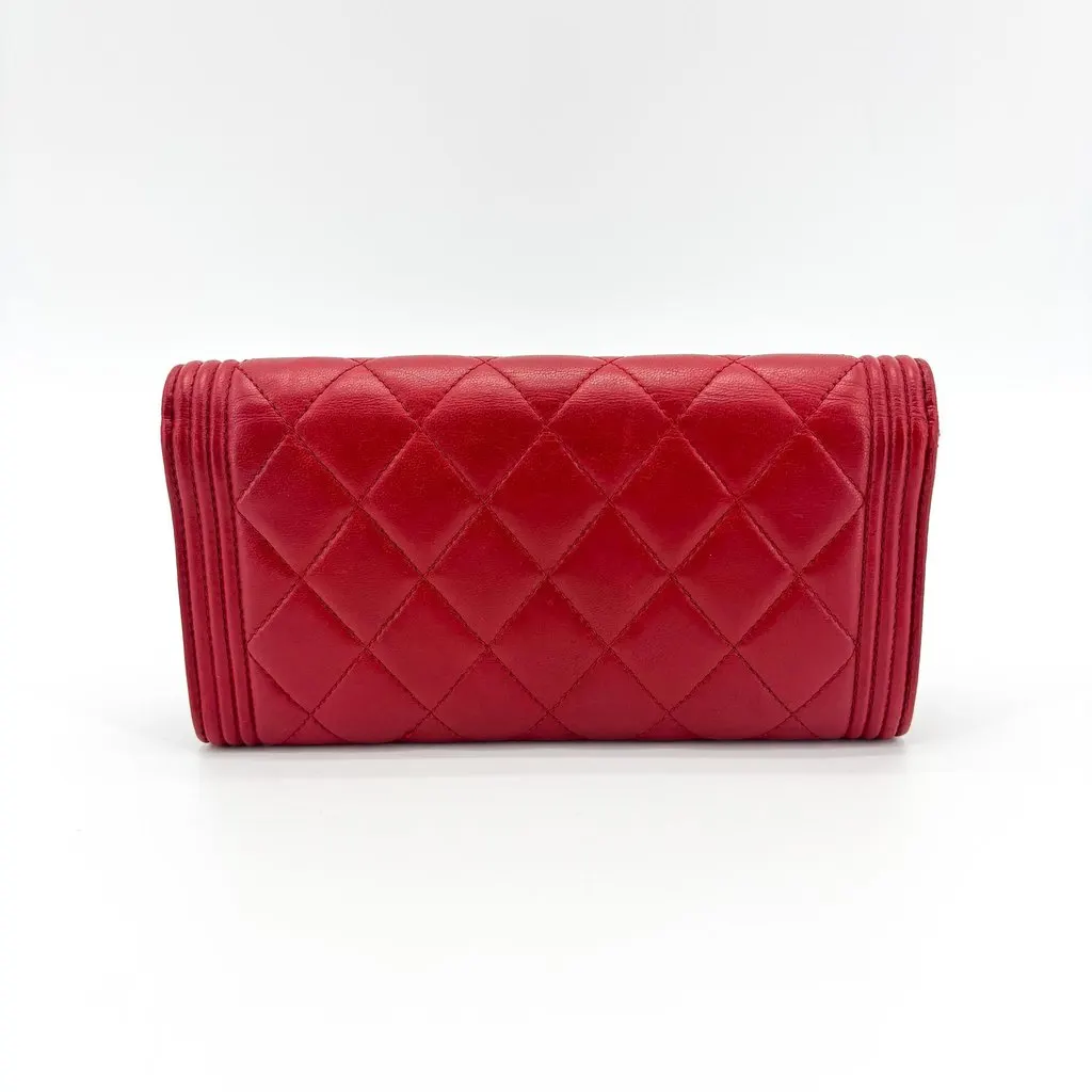 Chanel Boy Chanel Flap Long Wallet Silver Hardware Red Red Leather Good - Inside View