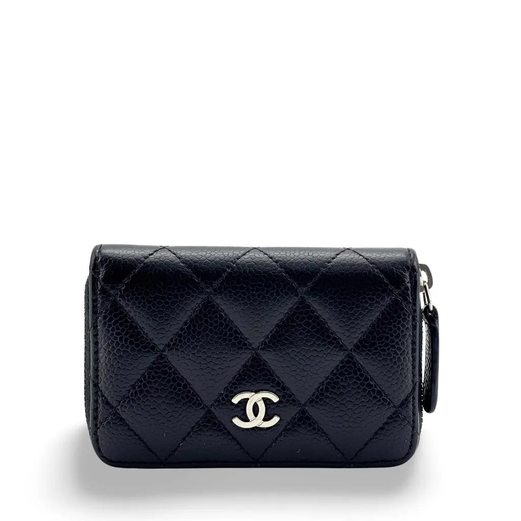 Chanel Classic Zipped Coin Purse Grained Calfskin Silver Black Black Leather Good - Front View