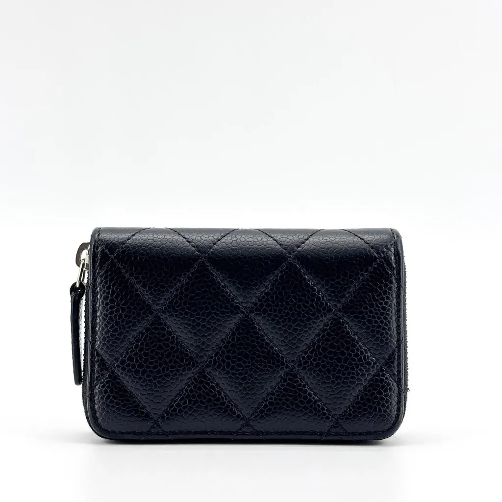 Chanel Classic Zipped Coin Purse Grained Calfskin Silver Black Black Leather Good - Inside View