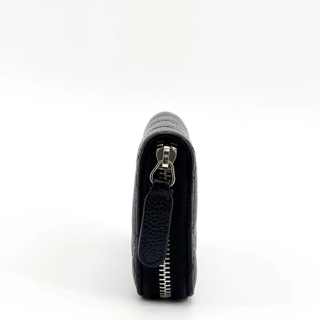 Chanel Classic Zipped Coin Purse Grained Calfskin Silver Black Black Leather Good - Model View
