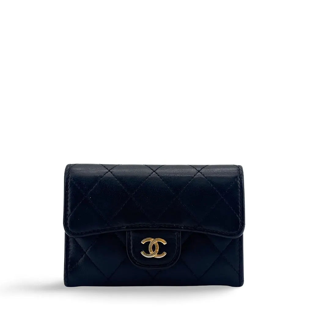 Chanel Classic Flap Card Holder Lambskin Gold Black Black Leather Good - Front View