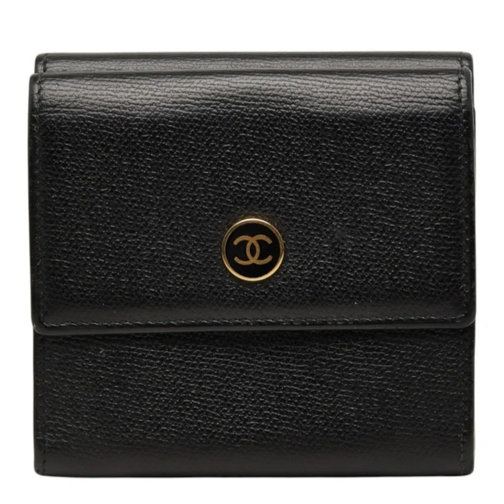 Chanel Coco Mark Bi-fold Wallet, Black and Gold Leather, Women's Black Leather Good - Front View